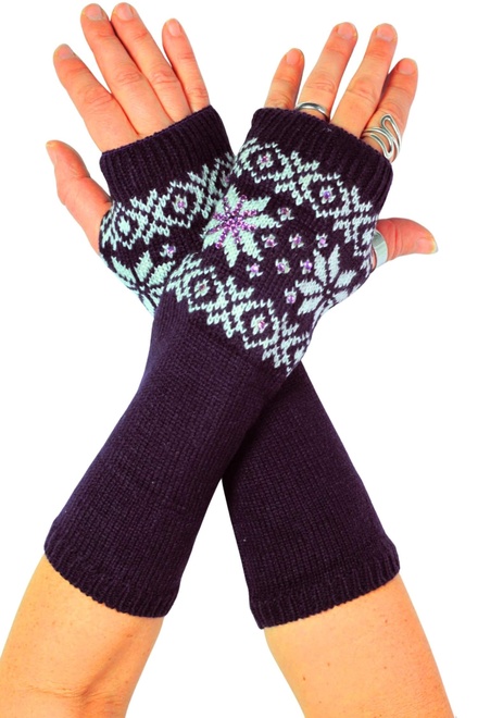 Snow flake pletené návleky na ruky s kamienkami fialová